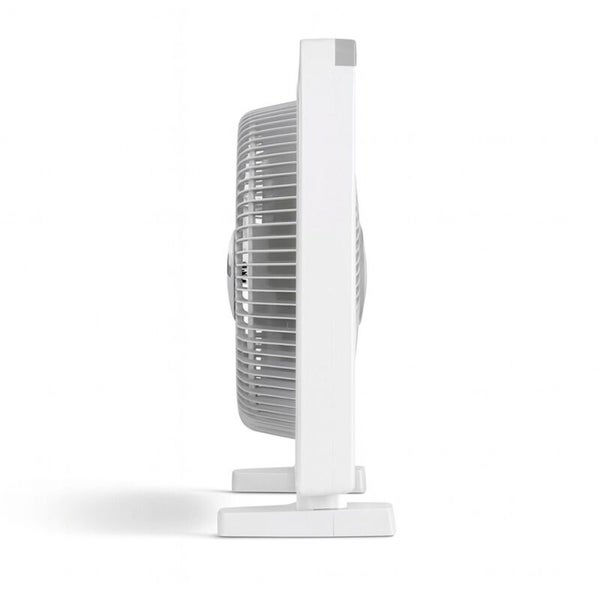 Weißer Tischventilator aus Kunststoff in flacher Bauweise, Seitenansicht.