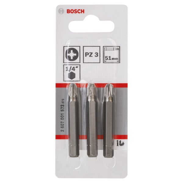 Bosch Logo, Packung mit drei Kreuzschlitzschrauberbits Größe PZ 3, Länge 51 mm, Aufnahme 1/4 Zoll
