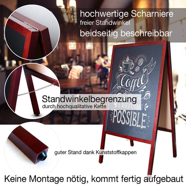 Freistehende Kreidetafel mit Holzrahmen und Kette zur Standwinkelbegrenzung