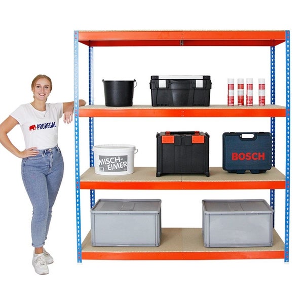 PROREGAL Schwerlastregal Wood Beast Four HxBxT 200 x 180 x 60 cm 4 Ebenen Fachlast 600 kg Blau-Orange