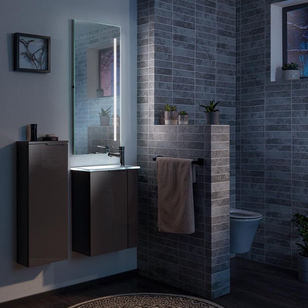 Fackelmann LUNA Gäste-WC Set 2 Teile – Waschtischunterschrank in Anthrazit mit Waschbecken aus Glas in Weiß – SBC Waschbeckenunterschrank schmal – Türanschlag links – 45 cm breit