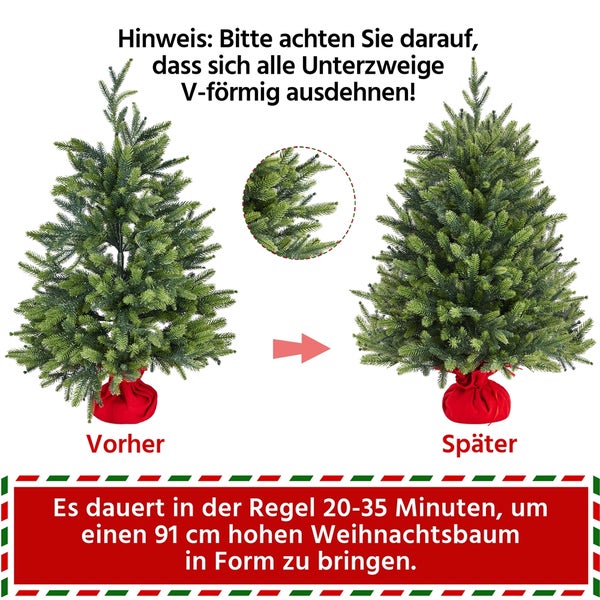 Anleitung zur Formung eines künstlichen Weihnachtsbaums mit rotem Ständer