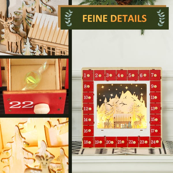 HOMCOM Adventskalender zum Befüllen 24 Schubladen Fächer Weihnachtskalender mit LED-Lichtern Adventskalenderbox Weihnachtsdekoration DIY MDF 34 x 7 x 34 cm Rot