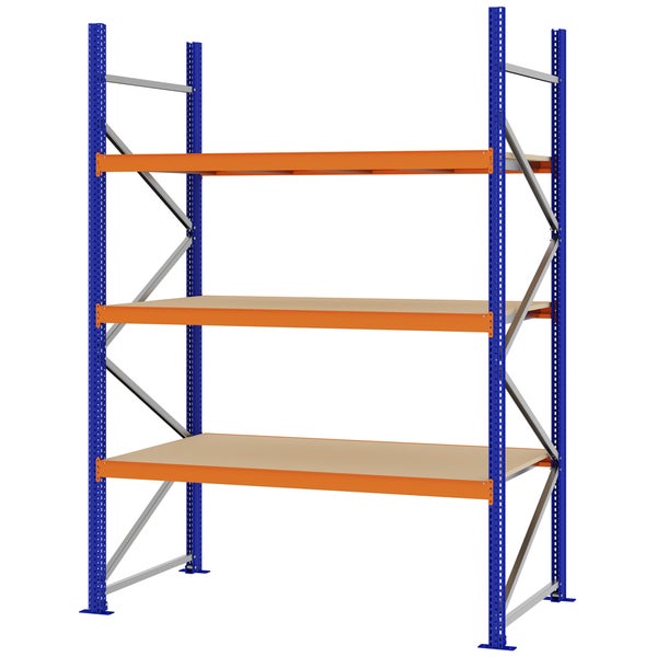 Weitspannregal mit blauen Rahmen, orangefarbenen Traversen und drei Holzböden für schwere Lasten.