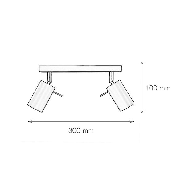 Zeichnung einer Deckenleuchte mit zwei Strahlern und den Maßen 300 mm Breite und 100 mm Höhe.