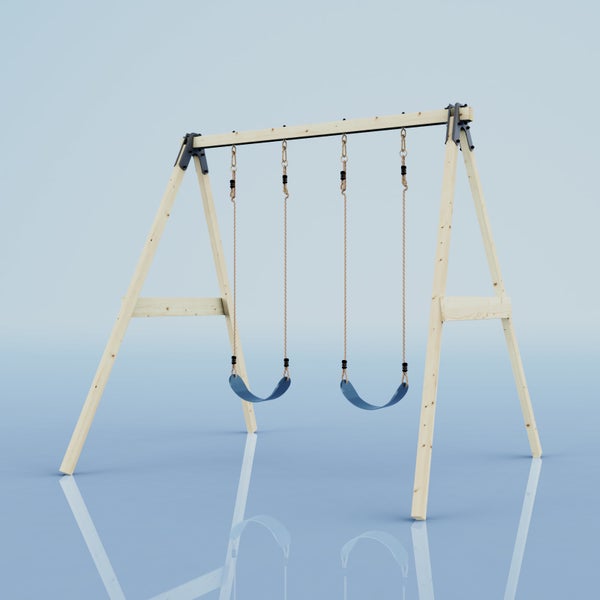 Schaukelgestell aus hellem Holz mit zwei flexiblen blauen Schaukelsitzen und Seilaufhängung in A-Form.
