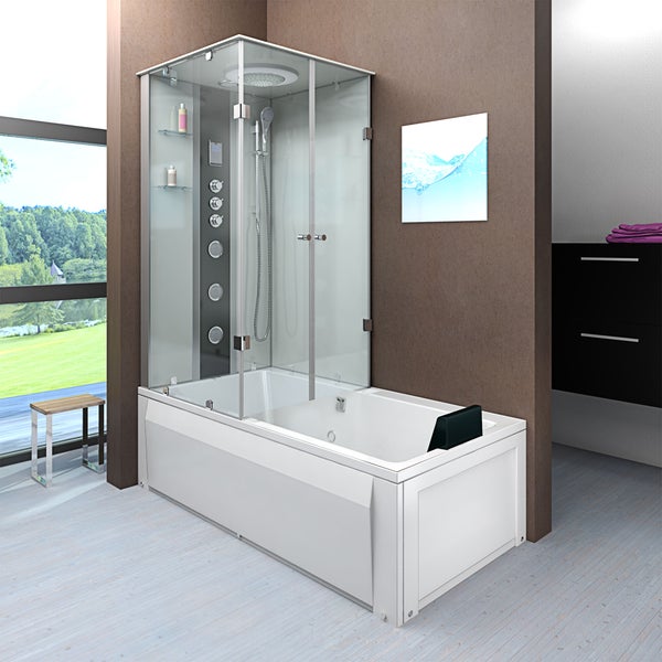 Moderne Duschbadewanne-Kombination mit Glaskabine, Regendusche, Handbrause und Massagedüsen in einem hellen, zeitgemäßen Badezimmer.