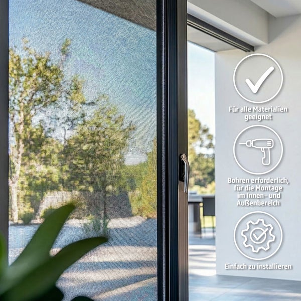Insektenschutz für Fenster oder Türen, geeignet für alle Materialien, Montage durch Bohren im Innen- und Außenbereich, einfach zu installieren.