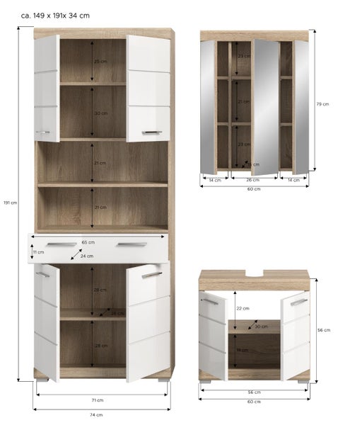 Badezimmermöbel-Set in Eichenoptik und Weiß mit Maßangaben in Zentimeter für Hochschrank, Spiegelschrank und Unterschrank, Breite circa 149 Zentimeter.