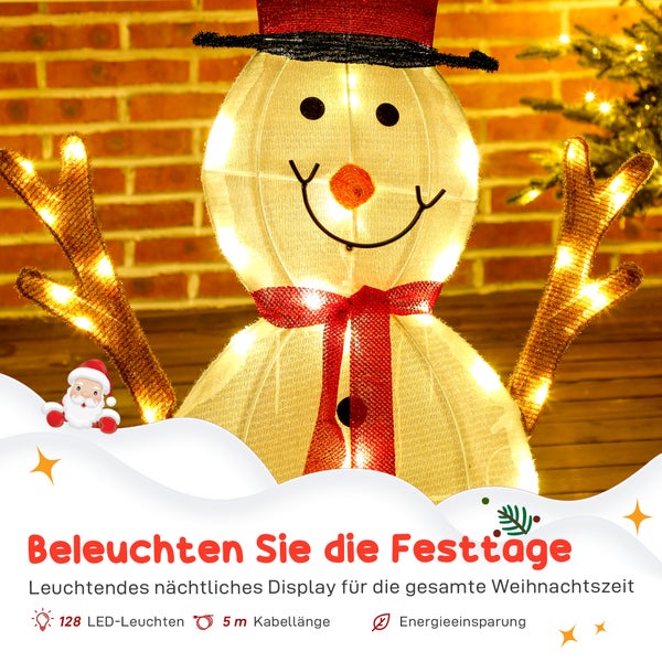Beleuchtete Schneemann-Dekoration für Weihnachten mit 128 LED-Leuchten, 5 Meter Kabellänge und energiesparender Technik.