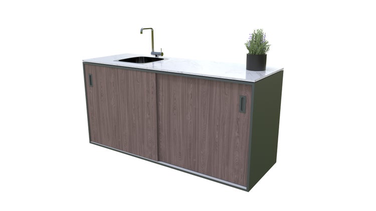 Gartenschrank mit Spüle, Armatur und Pflanze