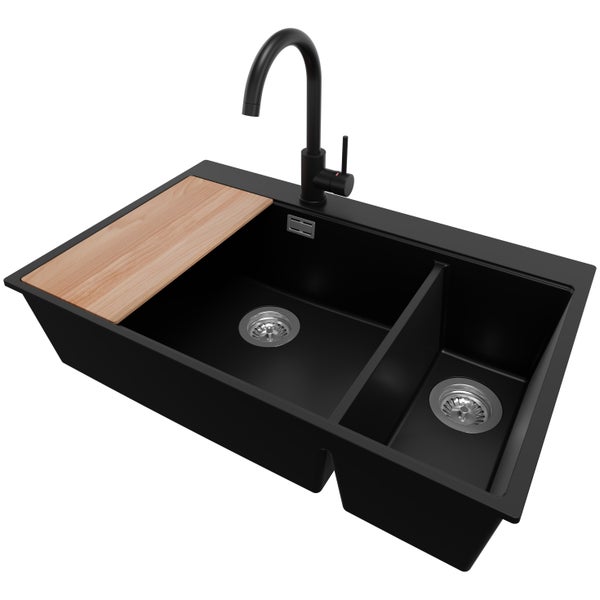 PRIMAGRAN Granitspüle Schwarz 78x50cm, Spülbecken 2 Becken + Küchenarmatur 32x20cm + Ablauf-Set + Schneidebrett, Küchenspüle ab 80er Unterschrank - Oslo Duo