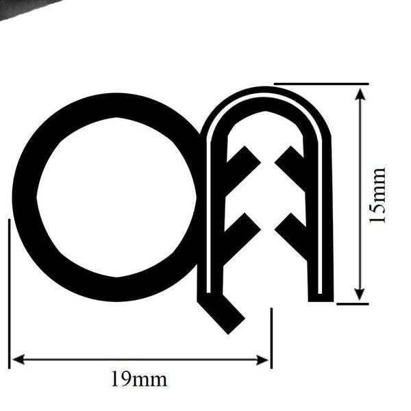 Querschnitt einer EPDM Klemmprofil Dichtung mit 15 Millimeter Höhe und 19 Millimeter Breite