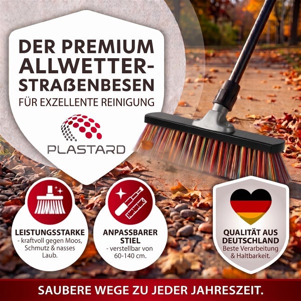Plastard Premium Allwetter Straßenbesen mit verstellbarem Stiel von 60 bis 140 Zentimeter zur effizienten Reinigung von Moos, Schmutz und Laub.