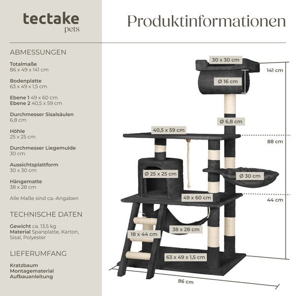 Kratzbaum tectake Stokeley inklusive Spielkordel und Kippschutz 141 cm schwarz