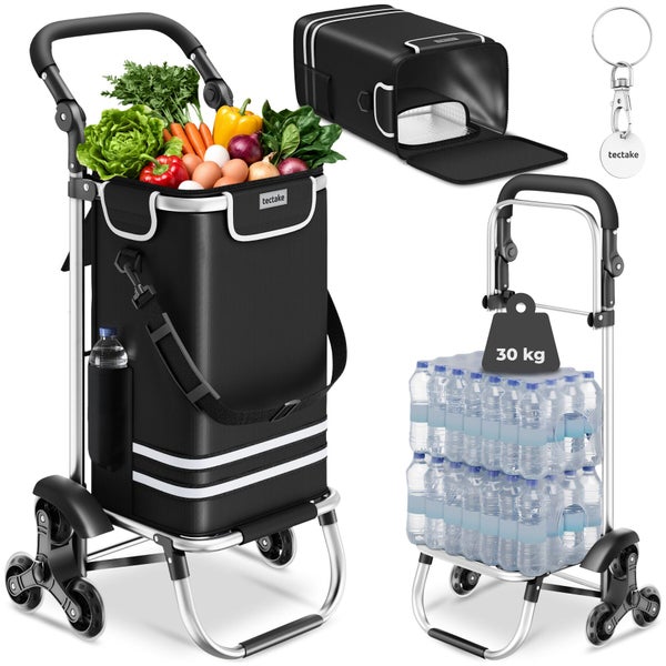 tectake Einkaufstrolley mit Treppensteiger-Funktion, abnehmbarer Kühltasche und Einkaufschip, Tragkraft 30 Kilogramm, tectake Logo.