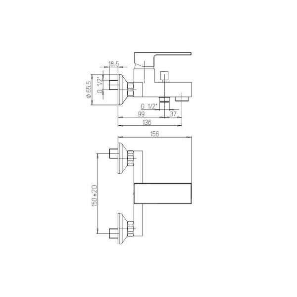 Technische Zeichnung einer Armatur mit Maßangaben