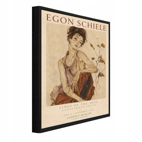 Gerahmtes Wandbild mit Kunstdruck von Egon Schiele und Ausstellungsplakat Motiv Leopold Museum in schwarzem Bilderrahmen