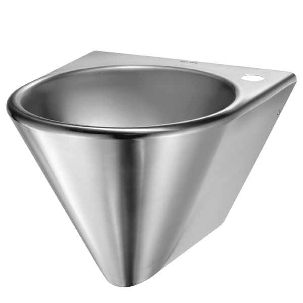 Wandhängendes Waschbecken aus Edelstahl in konischer Form mit Hahnloch rechts.