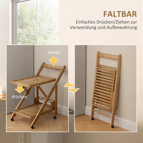 HOMCOM Küchenwagen Servierwagen mit Weinregal, Arbeitsplatte, 2 Ebenen, Rollwagen für Büro, Küche, Wohnzimmer, 66 x 40 x 70 cm, Bambus, Natur