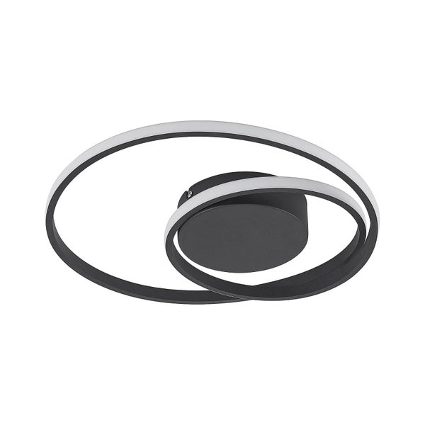 Moderne LED-Deckenleuchte in Schwarz mit zwei überlappenden ovalen Lichtringen.