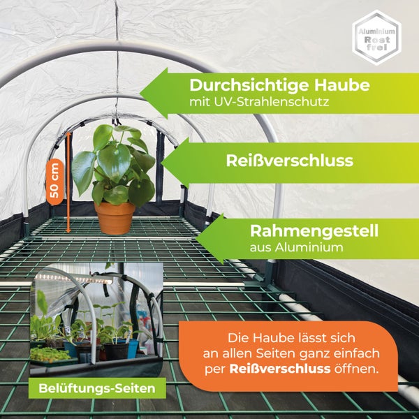Gewächshaus mit Belüftung, transparenter Ultraviolett-Schutzhaube, Reißverschluss und rostfreiem Aluminiumgestell. Höhe circa 50 Zentimeter.