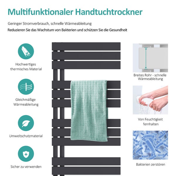 EMKE Badheizkörper Flach 1320x600 mm Anthrazit, Handtuchwärmer für Badezimmer Handtuchtrockner, Panel Handtuchhalter Seitenanschluss für Wasser 798W