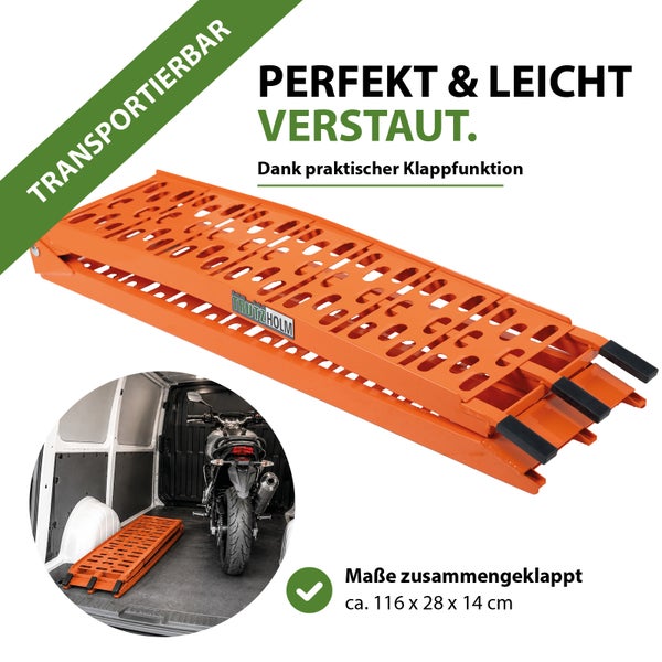 Zusammengeklappte, transportable Auffahrrampe mit Trutzholm Logo, Maße circa 116 mal 28 mal 14 Zentimeter und Anwendungsbild im Transporter.