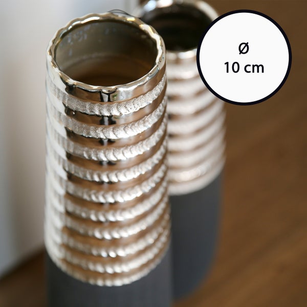 Vase GILDE Vasen Höhe 50cm Breite 15cm grau, silberfarben Keramik