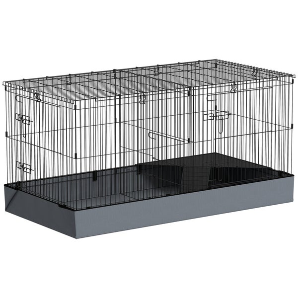 PawHut Kleintierkäfig, Kleintierstall mit Rampe, Trennwand, Nagerkäfig mit abnehmbarem Verdeck, Stoffboden, Kaninchenkäfig für Kleintiere Stahl Schwarz