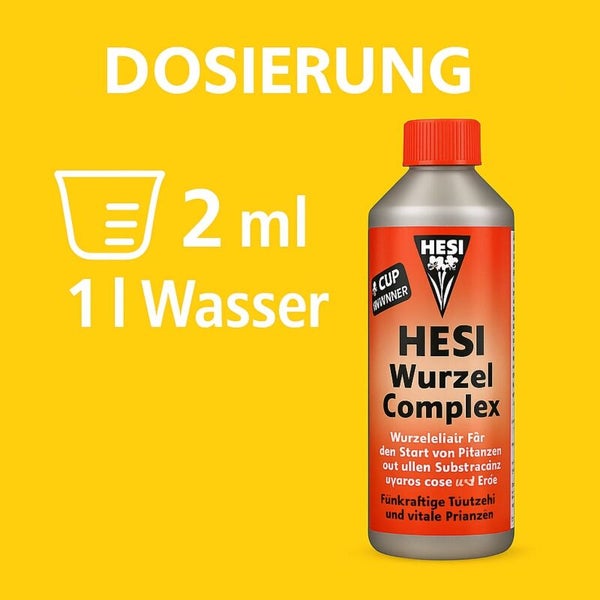 Dosierungshinweis für Hesi Wurzel Complex: 2 Milliliter auf 1 Liter Wasser.