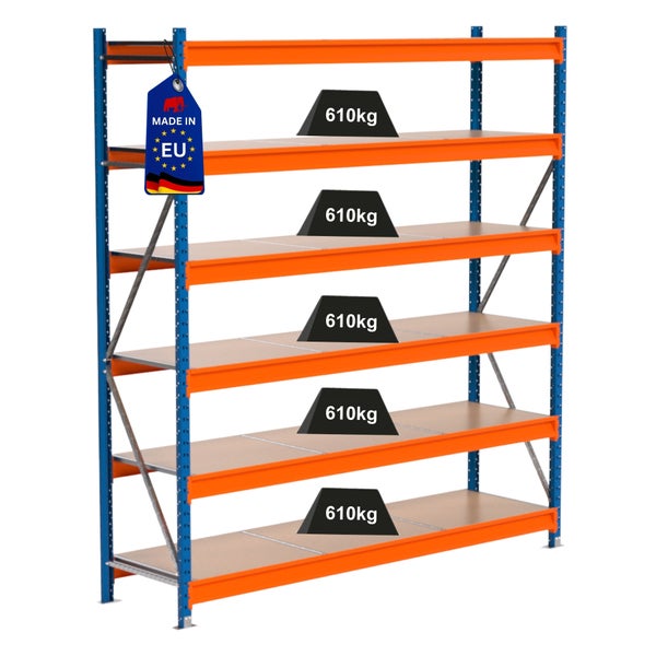 Steckregal mit fünf Ebenen und einer Traglast von 610 Kilogramm je Ebene.