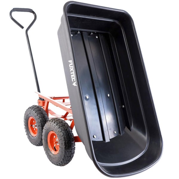 FUXTEC Gartenwagen mit schwarzer, kippbarer Wanne aus Kunststoff, rotem Metallgestell und vier Luftreifen.