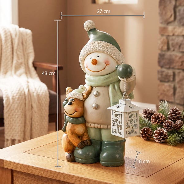 Dekorative Schneemannfigur mit Rentier und Laterne, Maße 43 mal 27 mal 18 Zentimeter, ideal als weihnachtliche Tischdekoration.