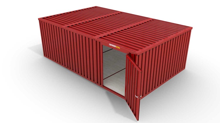 Lagercontainer Gerätehaus M3  – 18 qm, H2150 x B3050 x T6520 mm, Außenwandlackierung RAL 3000 feuerrot, Dach außen verzinkt, mit Holzfußboden, 1270 mm Einflügeltür mittig in Modul D, montiert
