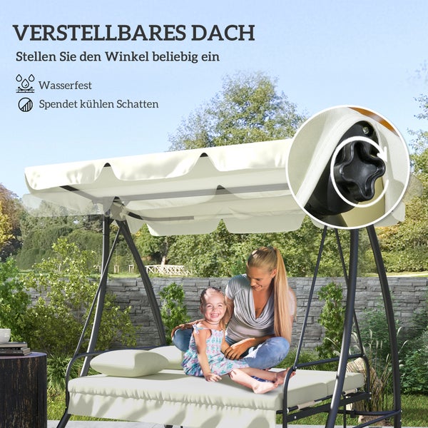 Outsunny 2 in 1 Hollywoodschaukel mit Liegefunktion 3-Sitzer Gartenschaukel mit verstellbarem Sonnendach, Schaukelbank belast bis 240kg, Gartenliege für Garten, Terrasse, 200x125x170 cm, Cremeweiß