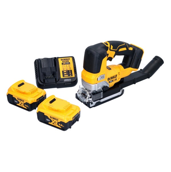 DeWalt Akku-Stichsäge 18 Volt Set mit zwei 5,0 Amperestunden Akkus, einem Ladegerät und einem Staubabsaugungsadapter.