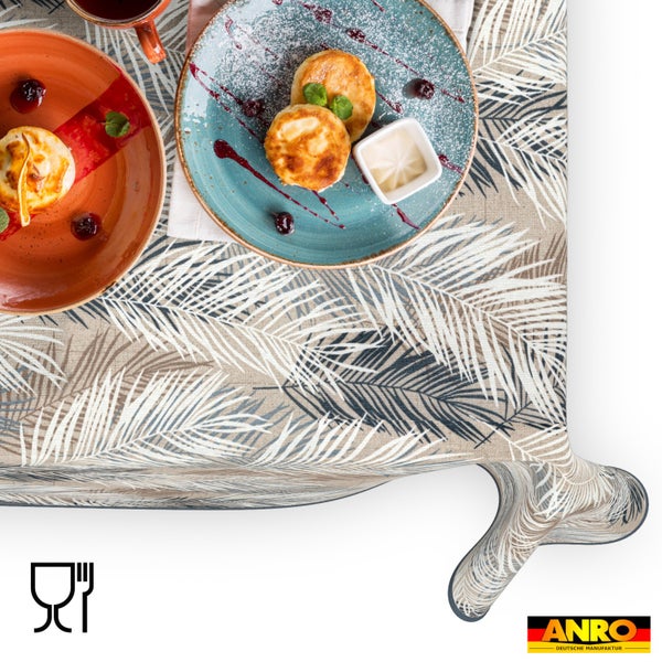 Tischdecke mit Palmenblatt-Muster, ANRO Logo, lebensmittelecht Symbol.