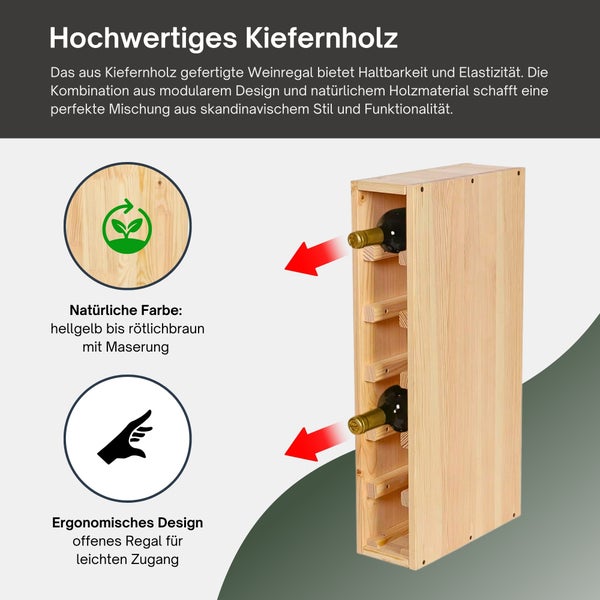 Vertikales Weinregal aus Kiefernholz mit natürlicher Maserung und offenem ergonomischem Design für leichten Zugang zu Weinflaschen.