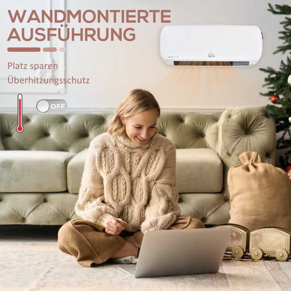 Wandmontierter Heizlüfter in weiß in einem Wohnzimmer mit einer Frau am Laptop, platzsparendes Modell mit Überhitzungsschutz.