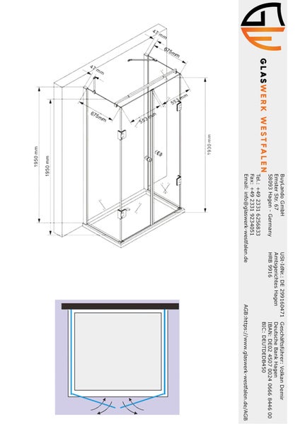 Technische Zeichnung einer Duschkabine mit Maßangaben