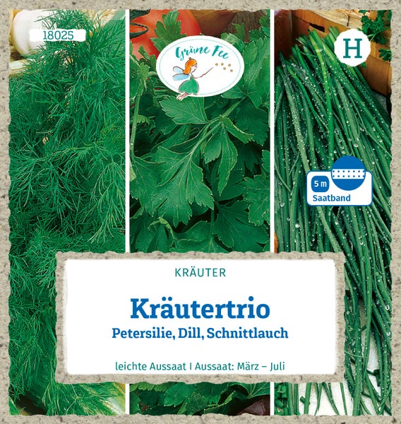 Rückseite der Saatgutverpackung für Kräutertrio Saatband 5 Meter mit Anbauinformationen für Petersilie, Dill und Schnittlauch auf nachhaltigem Graspapier.