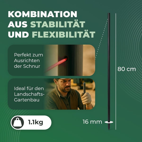 Schnureisen für den Garten- und Landschaftsbau, 80 Zentimeter hoch, 16 Millimeter Durchmesser, 1,1 Kilogramm Gewicht, mit Loch für Schnur.