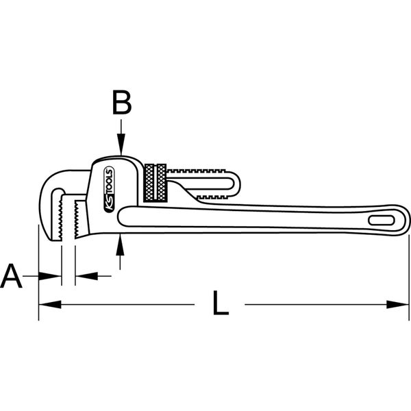 Abbildung eines Rohrschlüssels mit den Maßen A, B und L. KS Tools Logo.