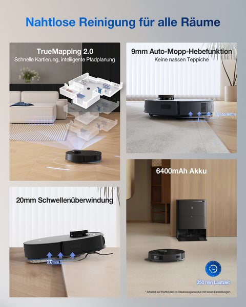 Ecovacs Deebot X2 Omni Saugroboter mit Funktionen wie TrueMapping 2.0, 9 Millimeter Auto-Mopp-Hebefunktion, 20 Millimeter Schwellenüberwindung, 6400 Milliamperestunden Akku und 350 Minuten Laufzeit