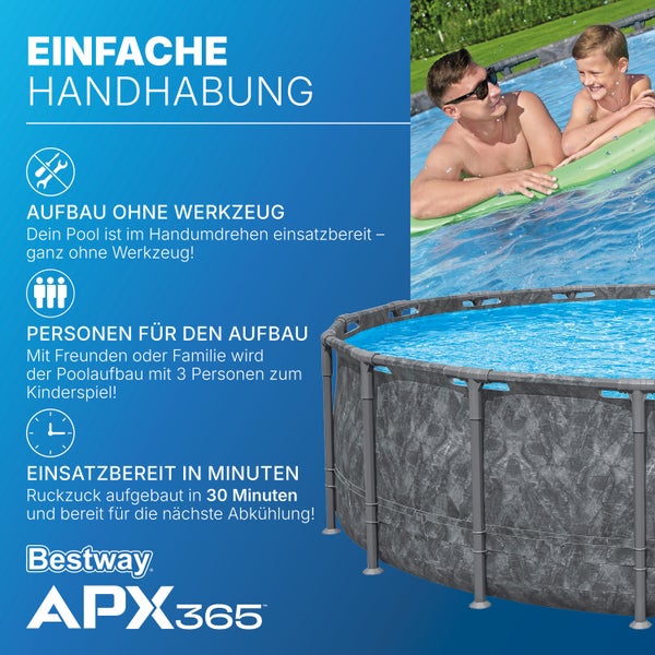 Bestway APX365 Aufstellpool in Steinoptik mit Badenden, werkzeugloser Aufbau durch drei Personen in circa dreißig Minuten, Bestway Logo.