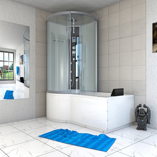 Moderne weiße Duschwanne-Kombination mit Glas-Duschkabine, integriertem Duschpaneel mit Massagedüsen und Kopfstütze in einem hellen Badezimmer.