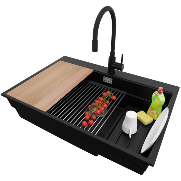 PRIMAGRAN Granitspüle Schwarz 78x53cm, Spülbecken 1 Becken + Küchenarmatur 40x38cm + Ablauf-Set + Küchenzubehörset, Küchenspüle ab 80er Unterschrank - Oslo Max