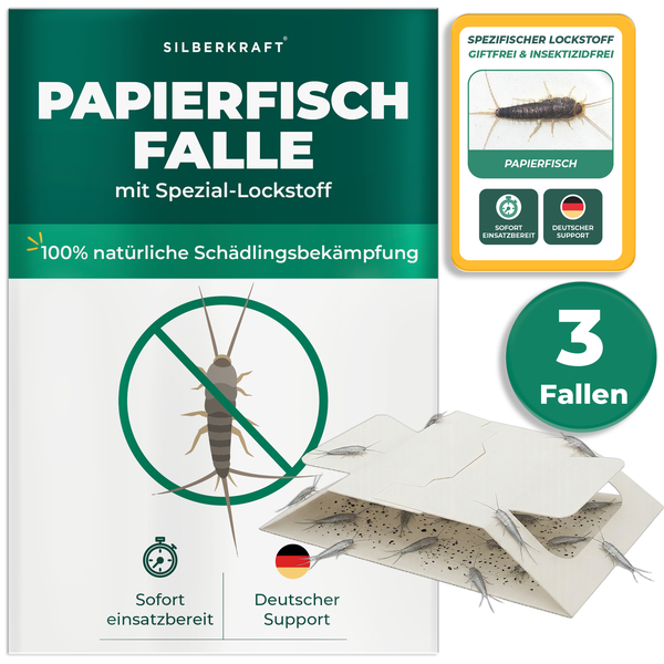 Silberkraft Papierfischfalle mit Spezial Lockstoff zur Schädlingsbekämpfung, Packung mit drei Fallen