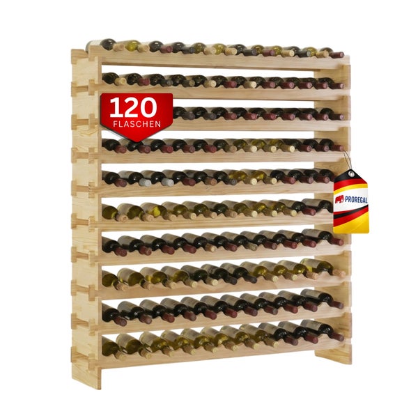 Weinregal aus Holz für 120 Flaschen, zehn Ebenen für die Flaschenlagerung.